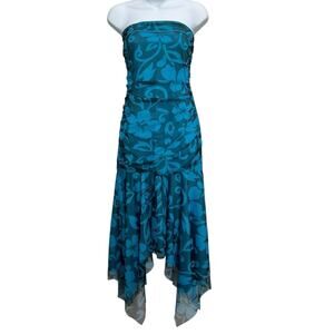 VTG Y2K 90s Sz 10 Asymmetric Dress Fairy Midi HOCO Floral Mesh Strapless Ruffle